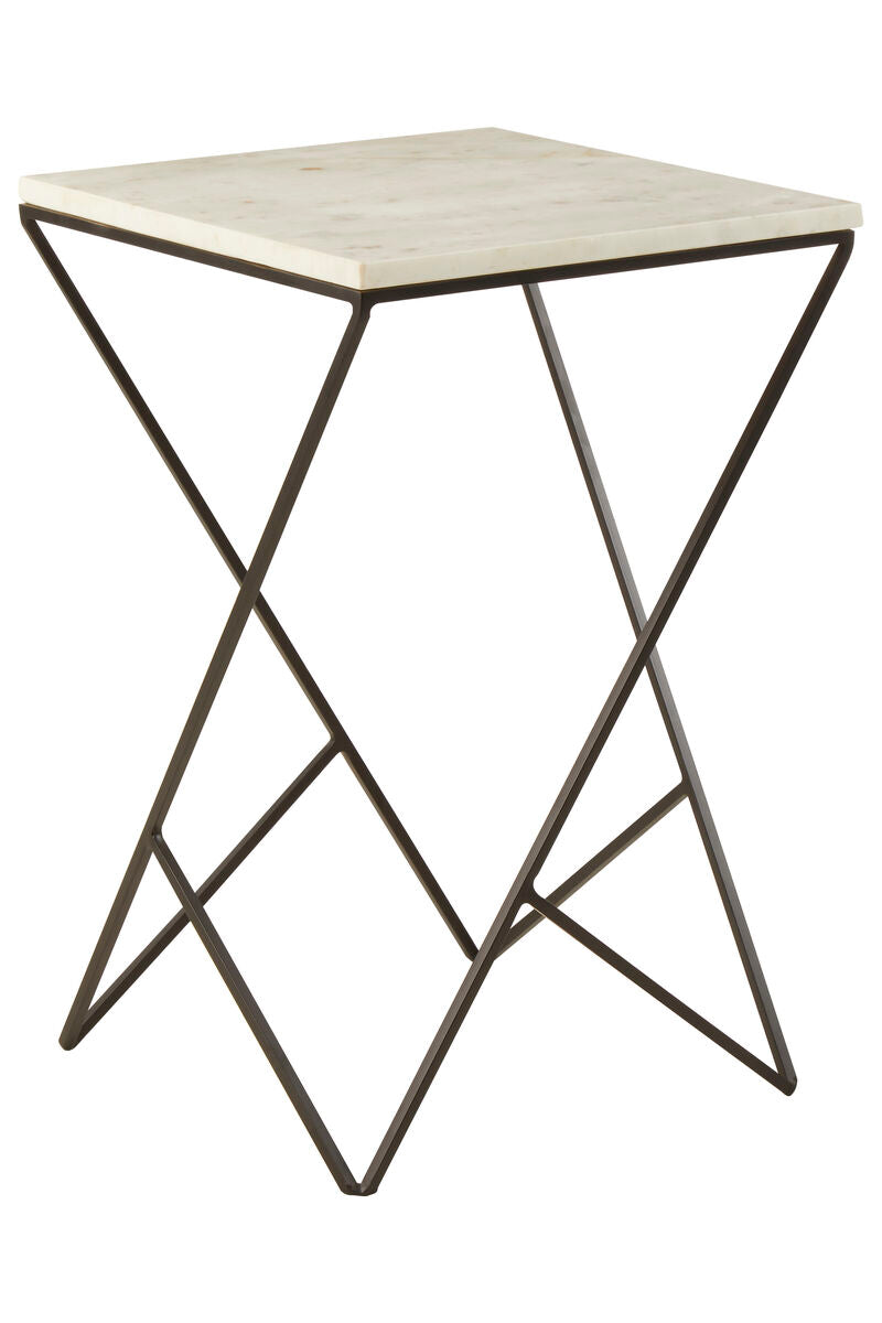 White Marble Top Square Side Table with Black Finish Metal Legs | Shalimar
