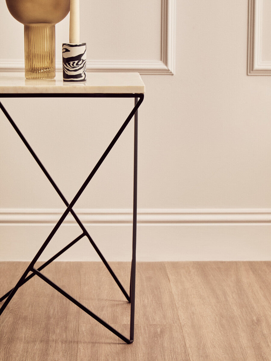 White Marble Top Square Side Table with Black Finish Metal Legs | Shalimar