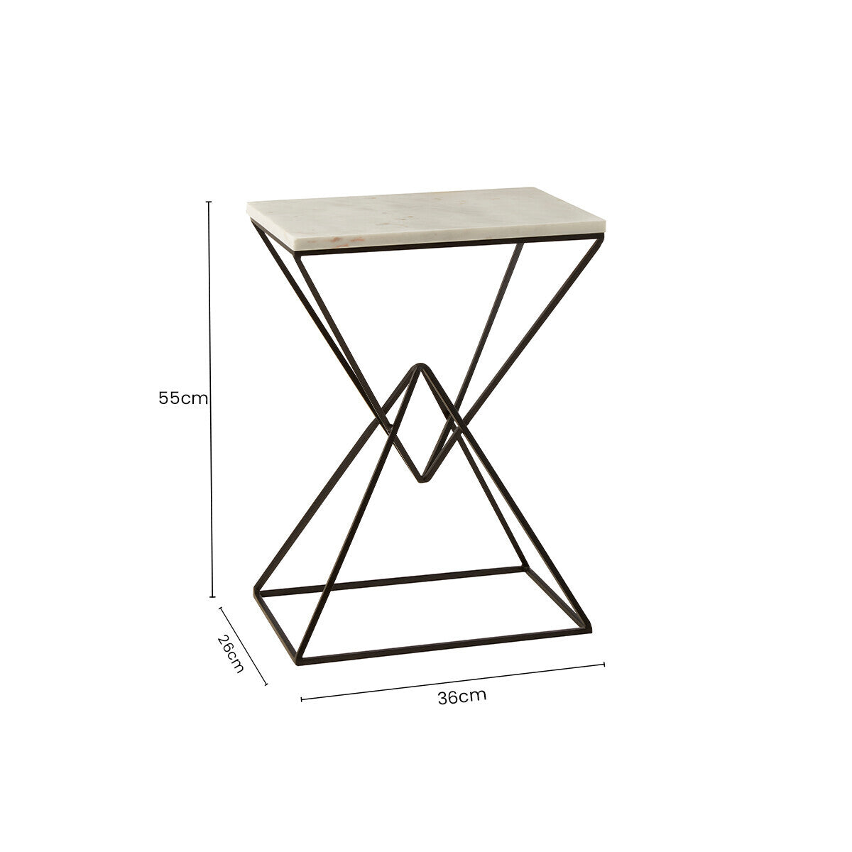 White Marble Top Rectangular Side Table with Black Metallic Prismatic Base, Shalimar