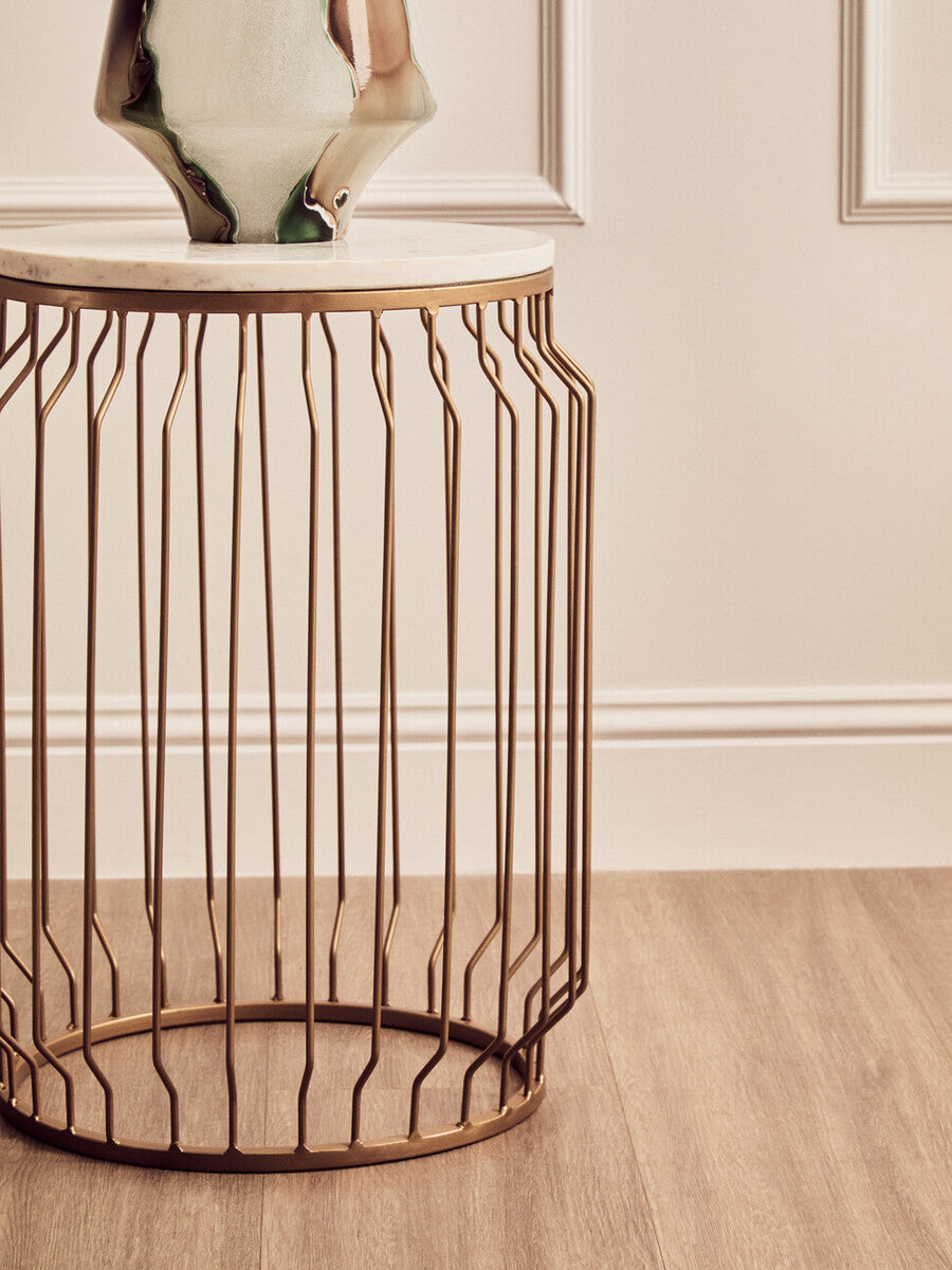 Shalimar Marble Top Round Side Table With Wireframe Base