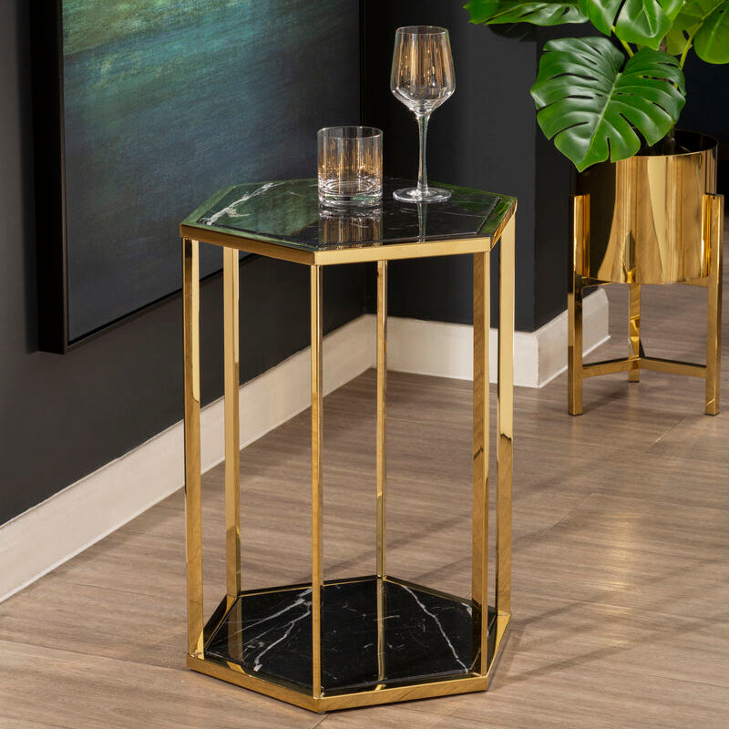 Hexagonal End Table with Black Marble Top and Bottom and Gold Finish Stainless Steel Frame | Piermount