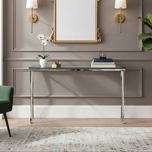 Clear Glass Top Console Table with Silver Finish Stainless Steel Base, Piermount