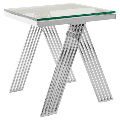 Clear Glass Top End Table with Silver Finish Stainless Steel Slim Lines Frame | Piermount