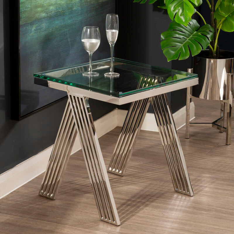 Clear Glass Top End Table with Silver Finish Stainless Steel Slim Lines Frame | Piermount