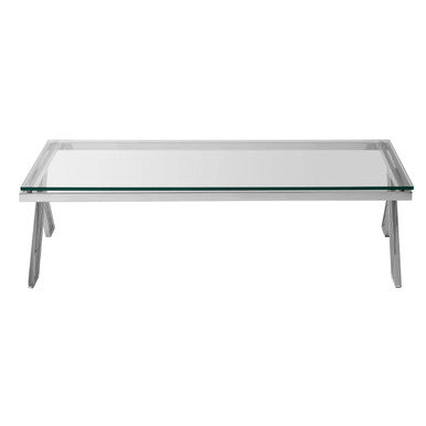 Clear Glass Top Rectangular Coffee Table with Silver Finish Stainless Steel Slim Lines Frame, Piermount