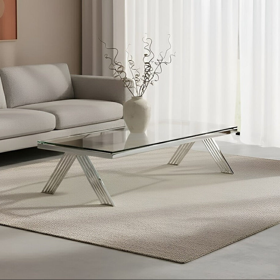 Clear Glass Top Rectangular Coffee Table with Silver Finish Stainless Steel Slim Lines Frame, Piermount