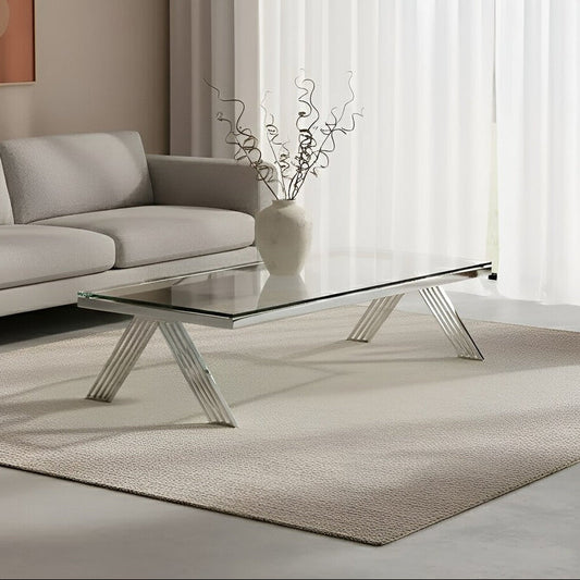 Clear Glass Top Rectangular Coffee Table with Silver Finish Stainless Steel Slim Lines Frame, Piermount