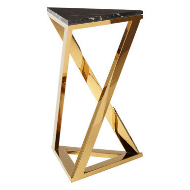 Black Marble Top End Table with Gold-Finished Steel Three Angled Legs and Triangular Base | Piermount