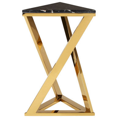 Black Marble Top End Table with Gold-Finished Steel Three Angled Legs and Triangular Base | Piermount