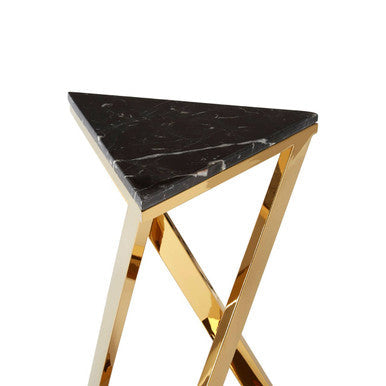 Black Marble Top End Table with Gold-Finished Steel Three Angled Legs and Triangular Base | Piermount