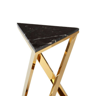 Black Marble Top End Table with Gold-Finished Steel Three Angled Legs and Triangular Base, Piermount