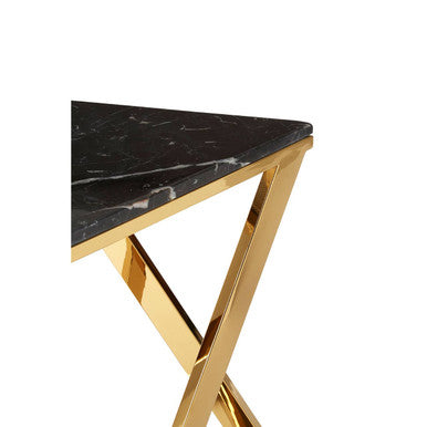 Black Marble Top End Table with Gold-Finished Steel Three Angled Legs and Triangular Base | Piermount