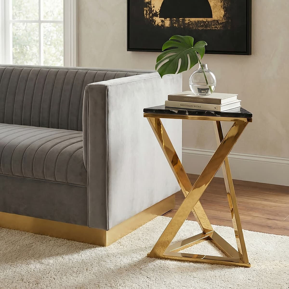 Black Marble Top End Table with Gold-Finished Steel Three Angled Legs and Triangular Base, Piermount