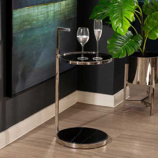 Two Tier Round End Table with Black Marble and Glass Top, Piermount