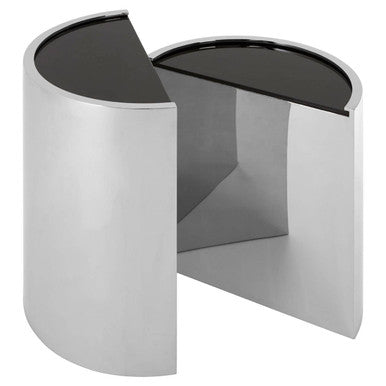 Set of 2 Semicircular Black Glass Top End Tables with Silver Finish Steel Frame | Piermount