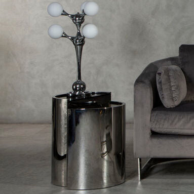 Set of 2 Semicircular Black Glass Top End Tables with Silver Finish Steel Frame, Piermount