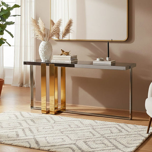 Frosted Glass Console Table with Gold and Silver Finish Frame, Demas
