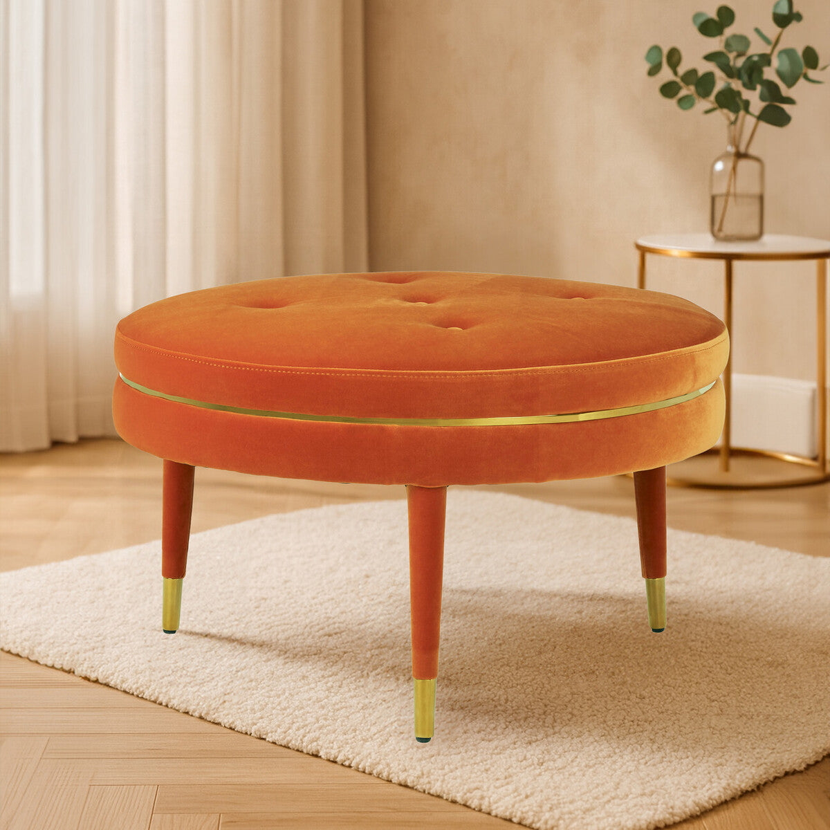 Manhattan Orange Velvet Footstool with Button Tufting