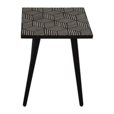 Black and White Top Bone Inlay Side Table with 4 Angular Legs | Boho