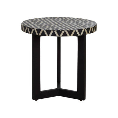 Black and White Top Bone Inlay Side Table with Black 3 Cross-Leg Base | Boho