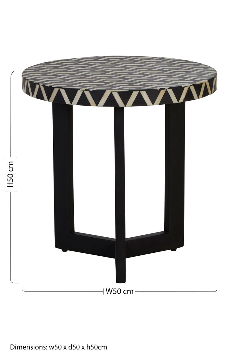 Black and White Top Bone Inlay Side Table with Black 3 Cross-Leg Base | Boho