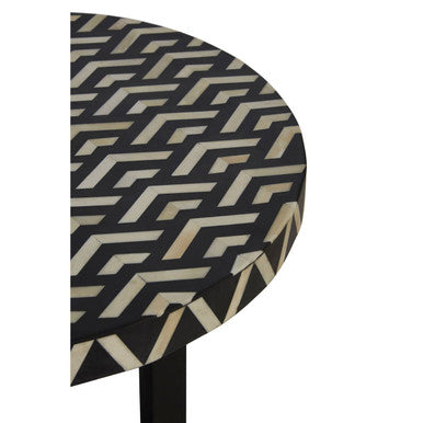 Black and White Top Bone Inlay Side Table with Black 3 Cross-Leg Base | Boho