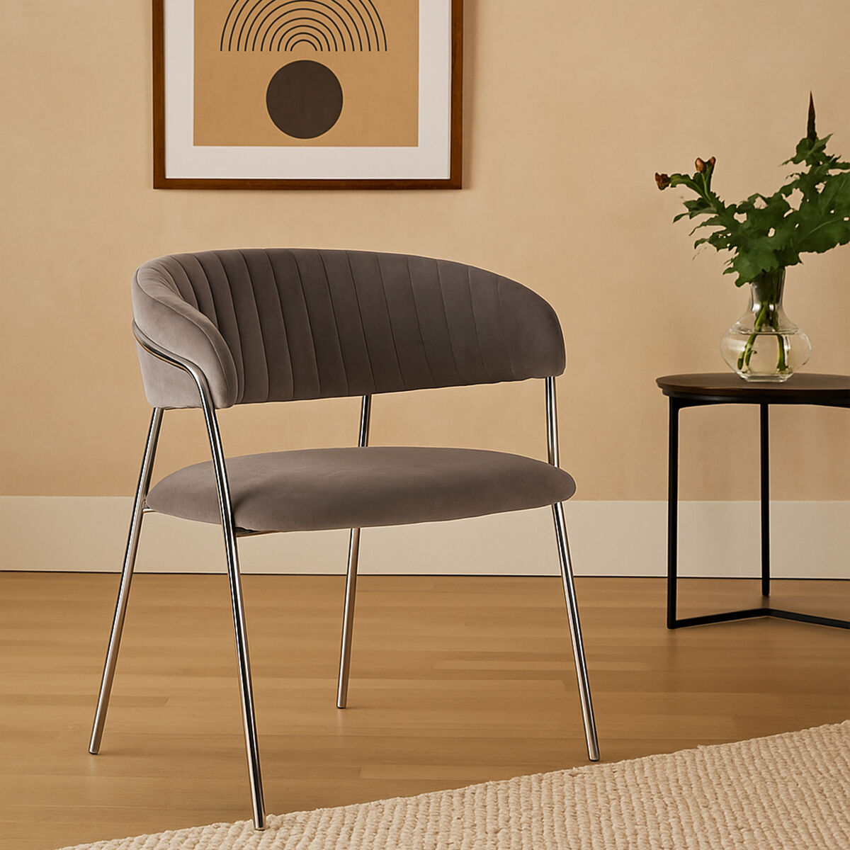 Mink Velvet Channel Tufted and Chrome Finish Dining Chair | Tamzin