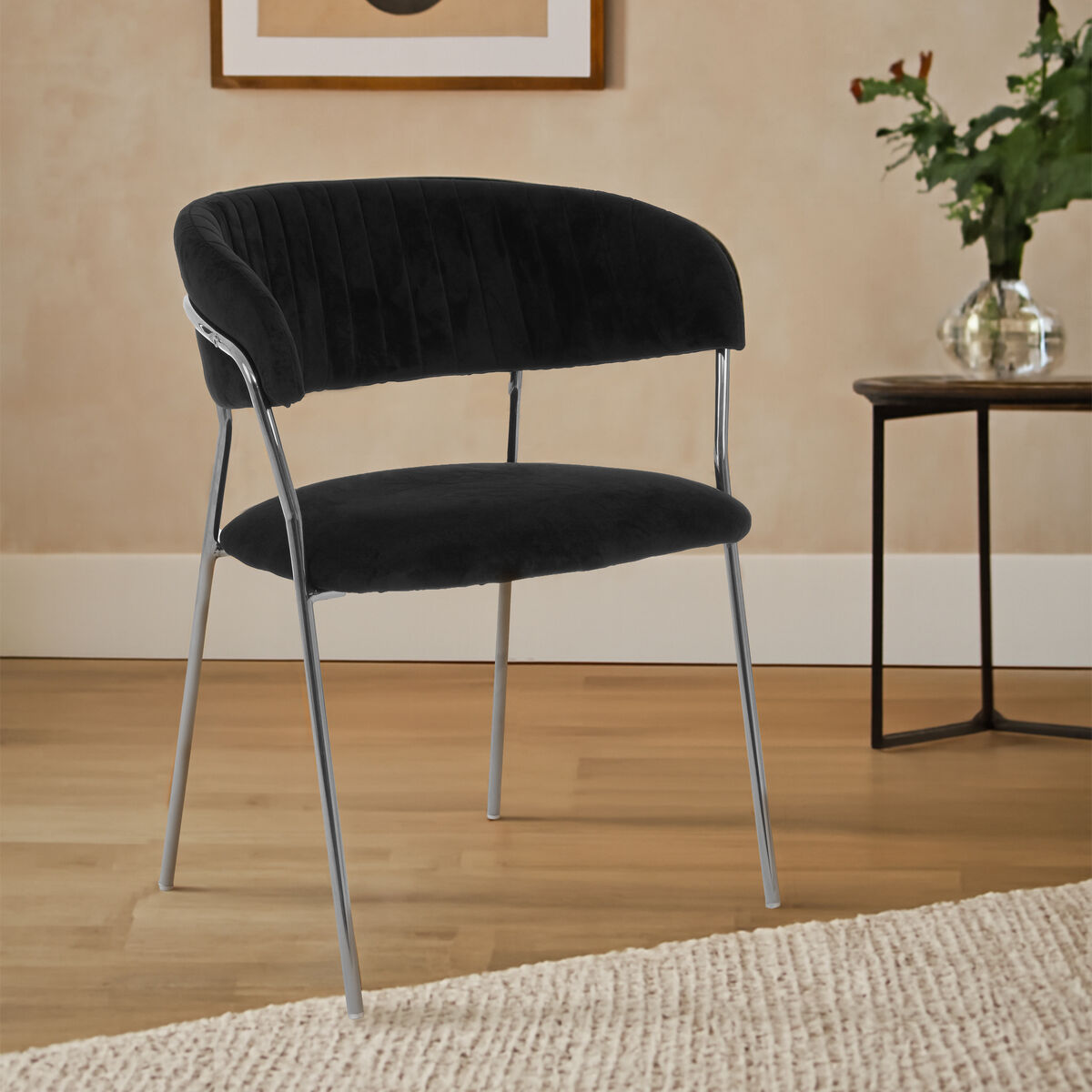 Black Velvet Channel Tufted Dining Chair | Tamzin