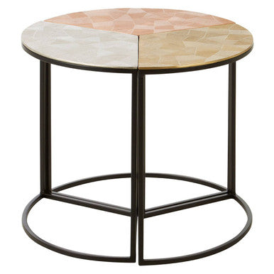 Set of 3 Assorted Etched Geometric Details Round Top Side Tables with Black Metallic Base | Mirano