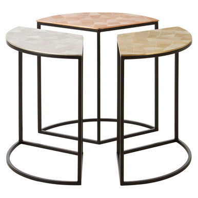 Set of 3 Assorted Etched Geometric Details Round Top Side Tables with Black Metallic Base | Mirano