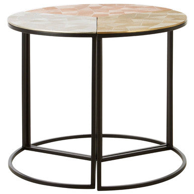 Set of 3 Assorted Etched Geometric Details Round Top Side Tables with Black Metallic Base | Mirano
