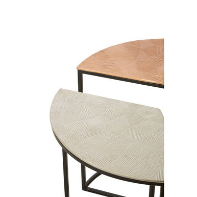 Set of 3 Assorted Etched Geometric Details Round Top Side Tables with Black Metallic Base | Mirano