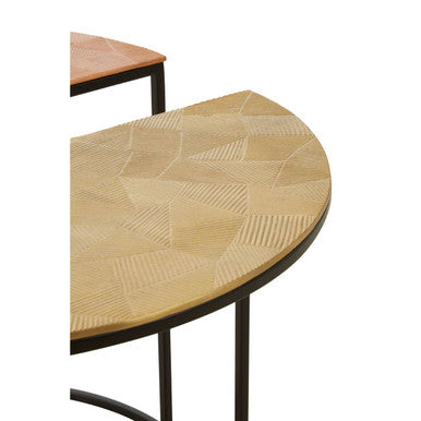 Set of 3 Assorted Etched Geometric Details Round Top Side Tables with Black Metallic Base | Mirano
