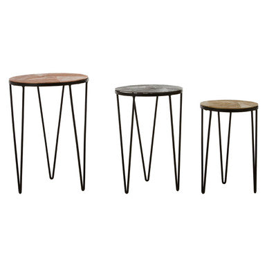 Set of 3 Assorted Textured Round Top Side Tables with Black Metallic Hairpin Legs | Mirano