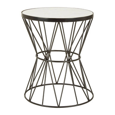 White Marble Top Side Table with Powder-Coated Black Iron Corset Base, Rabia