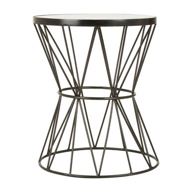 White Marble Top Side Table with Powder-Coated Black Iron Corset Base, Rabia