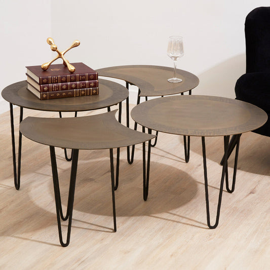Set of 4 Black and Gold Top Coffee Tables with Iron Hairpin Legs, Rany