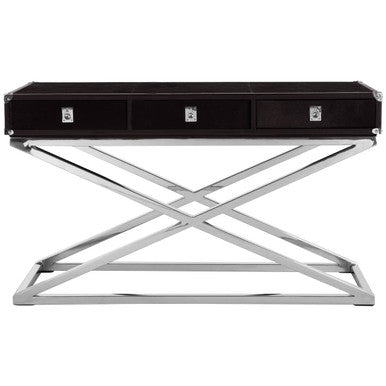 Black Hair-On-Leather Wood Top and Silver-Finished Frame Console Table with 3 Drawers, Kensington Townhouse