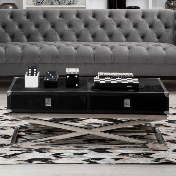 Black Hair-On-Hide Wood Top and Silver-Finished Frame Console Table with 2 Drawers, Kensington Townhouse