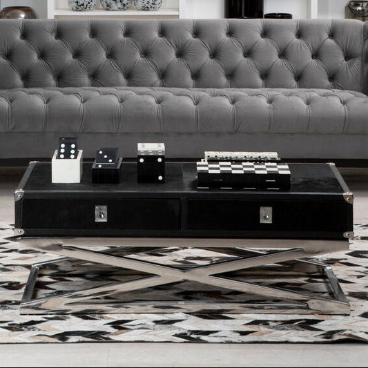 Black Hair-On-Hide Wood Top and Silver-Finished Frame Console Table with 2 Drawers, Kensington Townhouse