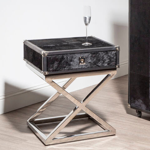 Black and Silver Hair-On-Leather Top 1-Drawer Side Table with Stainless Steel Legs | Kensington Townhouse