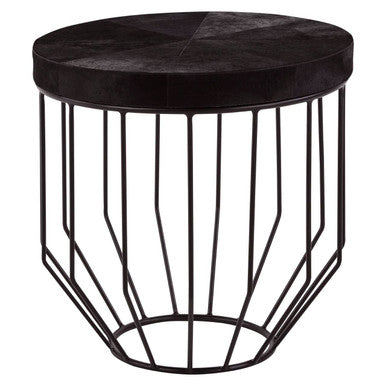Black and Silver Hair-On-Hide Top Round Side Table with Silver Frame, Kensington Townhouse