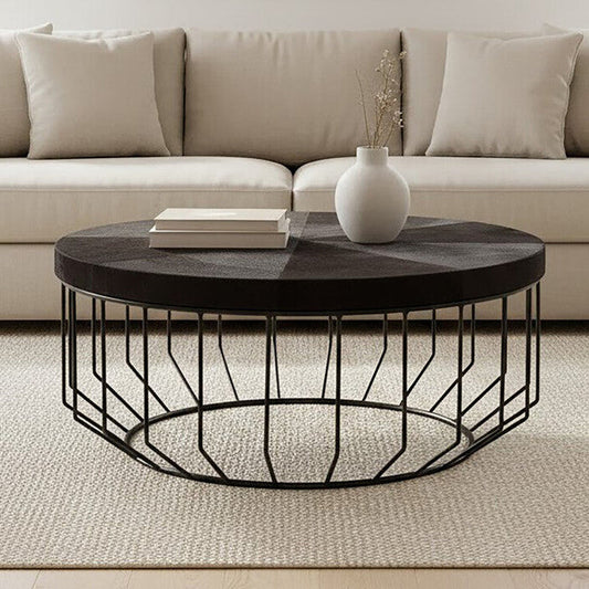 Black and Silver Hair-On-Hide Top Round Coffee Table with Black Frame, Kensington Townhouse