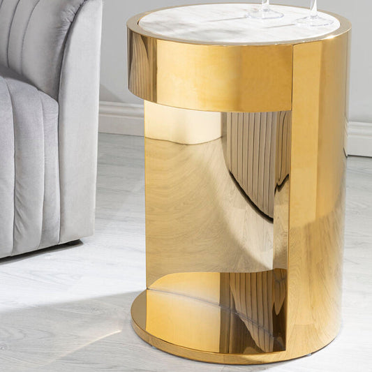 White Marble Effect Round Side Table with Gold Finish Metallic Base, Carlox