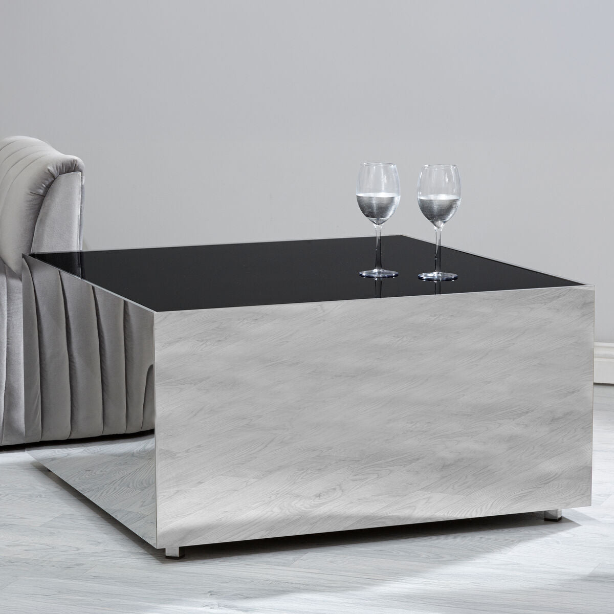 Black Tempered Glass Top Coffee Table with Silver Square Chrome Finish Frame | Carlox
