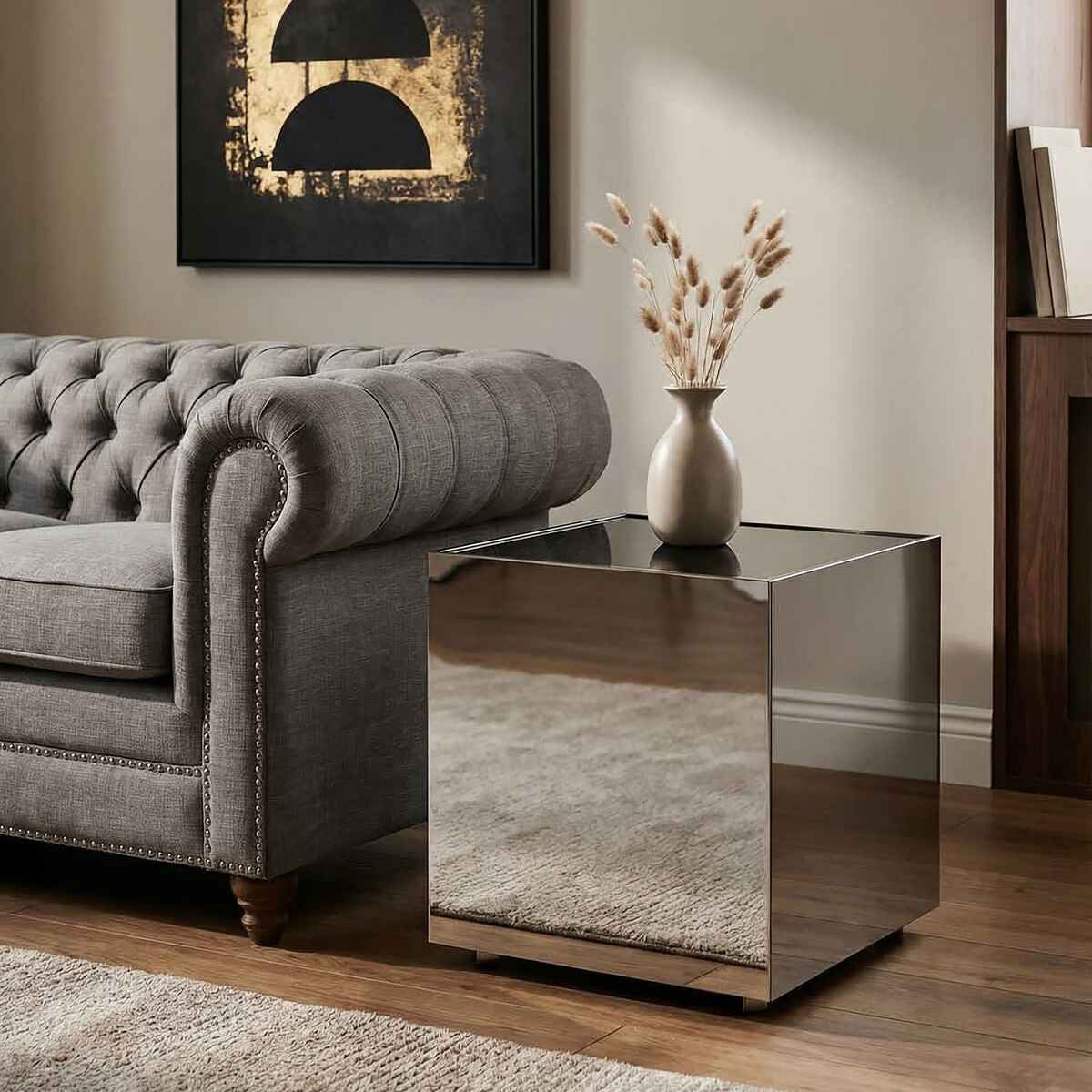 Black Tempered Glass Top Side Table with Silver Square Chrome Finish Frame | Carlox