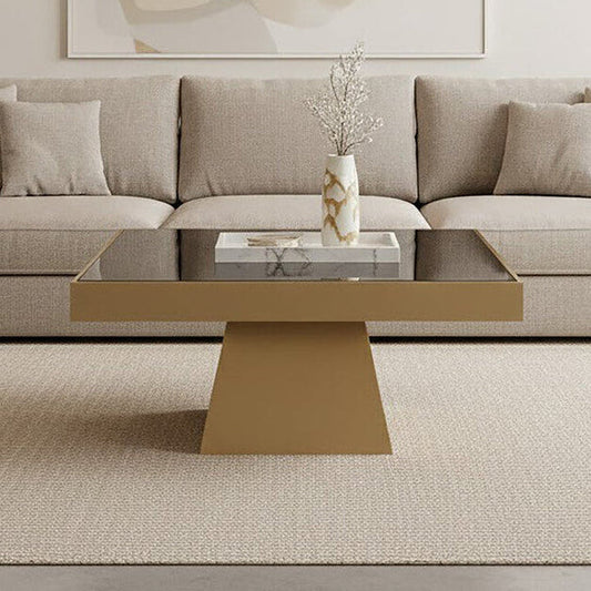 Black Tempered Glass Coffee Table with Gold Square Finish Stainless Steel Base, Carlox