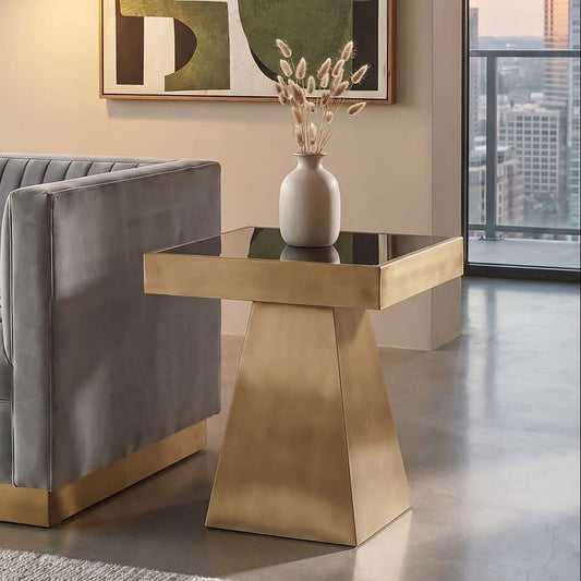 Gold Square Finish Frame Side Table with Black Tempered Glass Top, Carlox