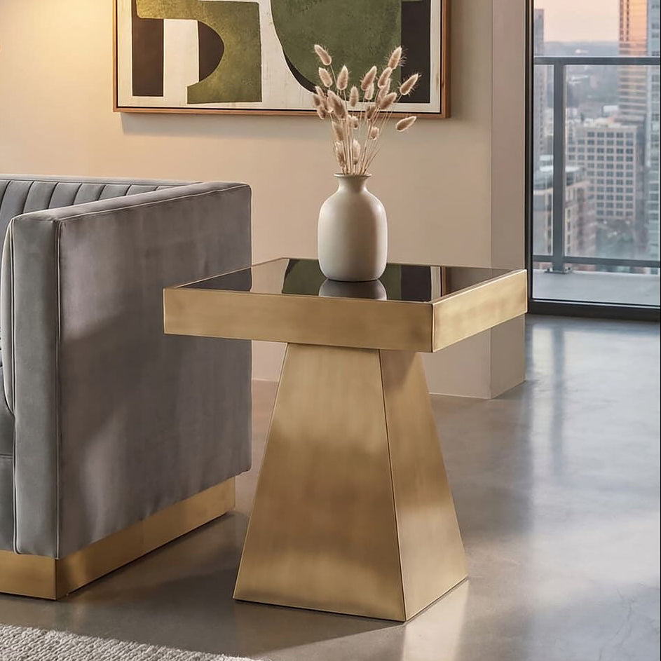 Gold Square Finish Frame Side Table with Black Tempered Glass Top | Carlox