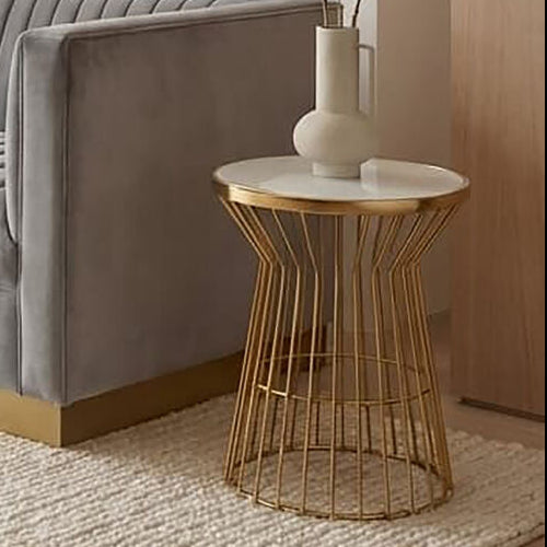 Gold Finish Corset Base Side Table with White Glass Top, Tula